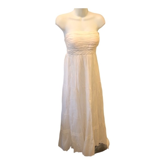 Boutique Strapless Boho SILK Blend Wedding Dress Smocked Tiered Ruffle Skirt M - Picture 2 of 9